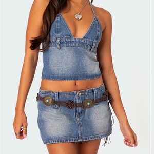 Edikted Denim Halter Crop Top & Mini Skort Set - Blue size Small